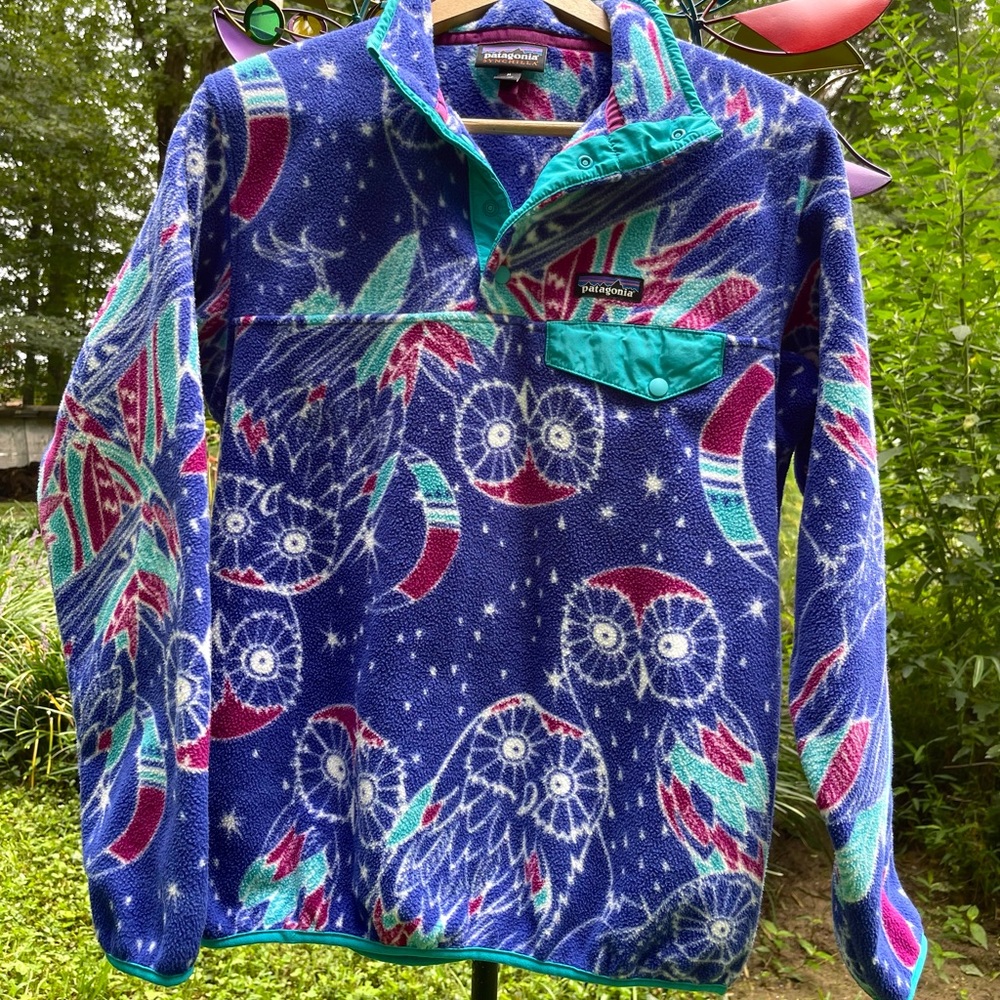 Patagonia Blue and Green Owl Print Fleece Jacket